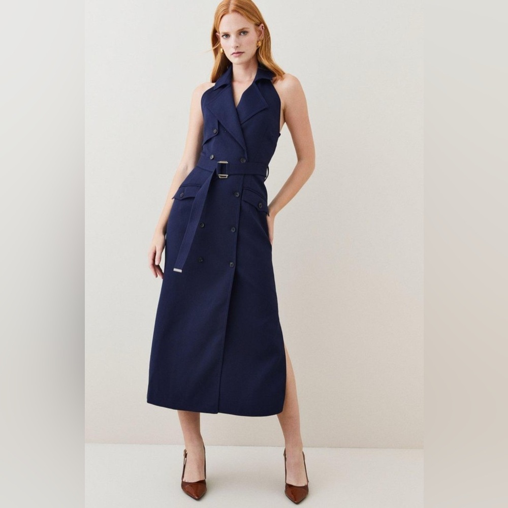 ❤️Rare Karen Millen Relaxed Tailored Belted Halter Column Dress Navy NWT